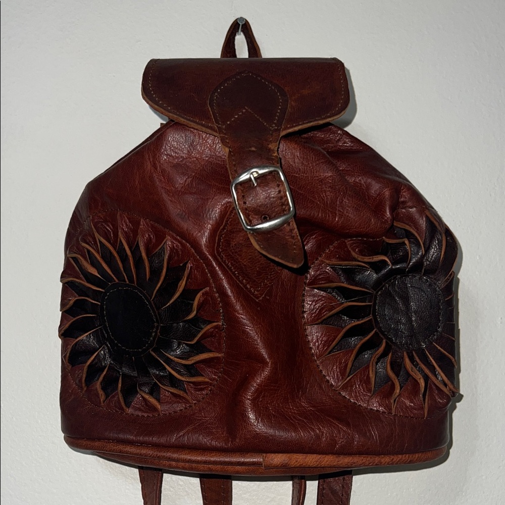 Moroccan Leather Mini Backpack with Sunflower Design